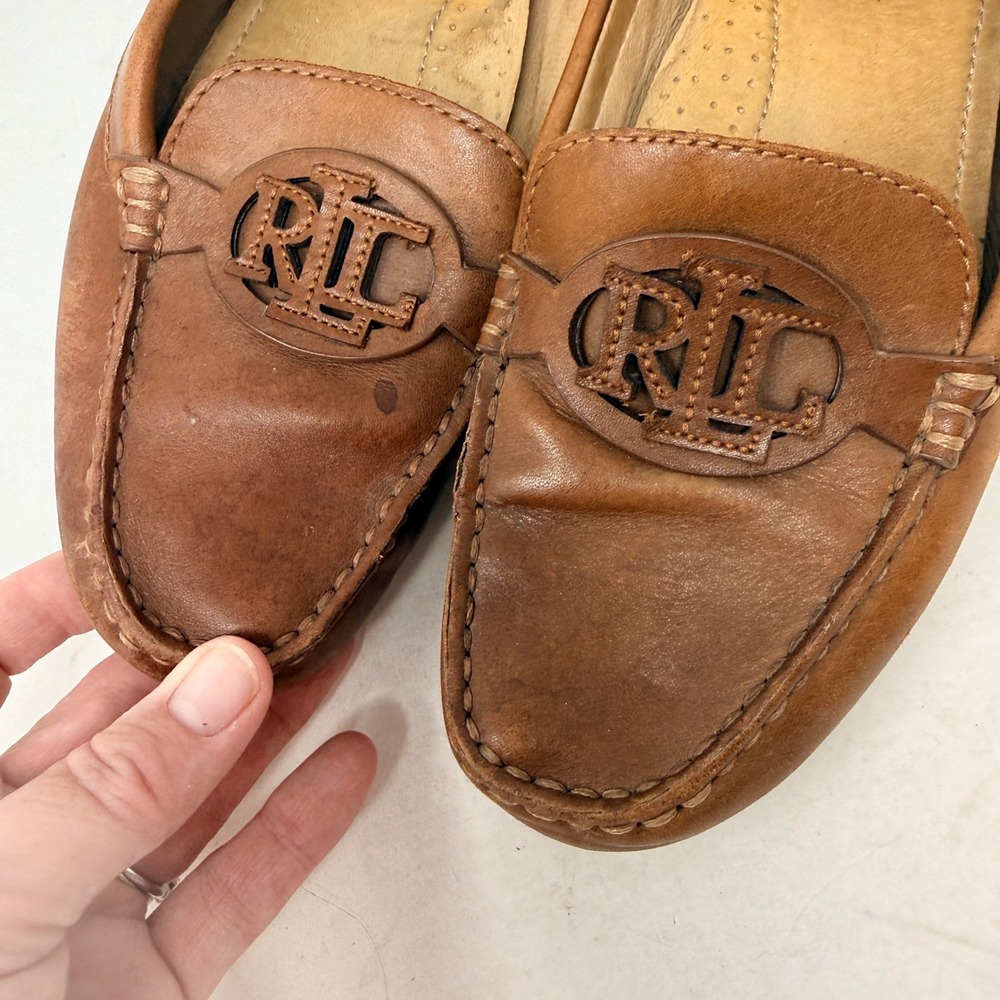 Lauren Ralph Lauren Leather Driving Loafers Cognac Brown RLL Logo Shoes Size 6 - Picture 2 of 11